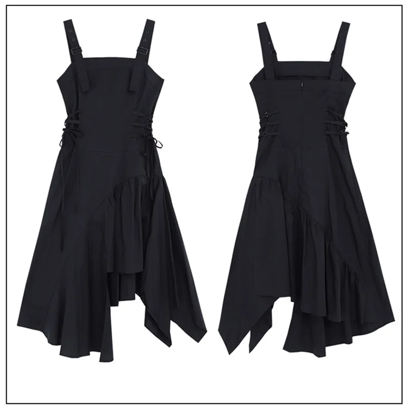 

Women Black Dress Summer Spring 2021 New Fashion Adjustable Shoulder Straps Belt Asymmetrical Hem Slim Girl's Dress Female