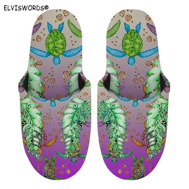 

ELVISWORDS Gradient Vintage Hawaii Style Pattern Non-slip Floor Slides for Ladies Fashion Women's Winter Warm Flannel Slippers