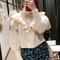 solid ruffled knitted sweater long sleeve turtleneck elastic pullovers female cute stylish chic tops women sweet
