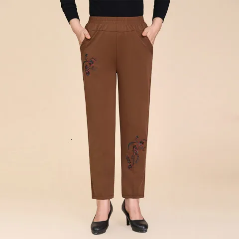 Orange embroidered Осенне-зимние Бархатные прямые брюки женские повседневные брюки с высокой талией теплые плотные брюки с вышивкой Pantalones Mujer, большие размеры - Цвет: Orange embroidered
