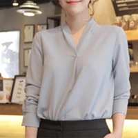 women solid color all matched polyester v neck office chiffon shirt