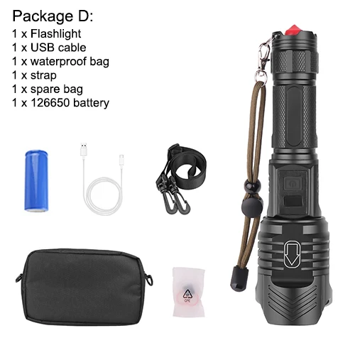 Package D Светодиодный фонарик XHP90 мощный фонарик XHP70 26650 масштабируемый фонарь умный чип водонепроницаемый нижний наружный молоток безопасности - Испускаемый цвет: Package D