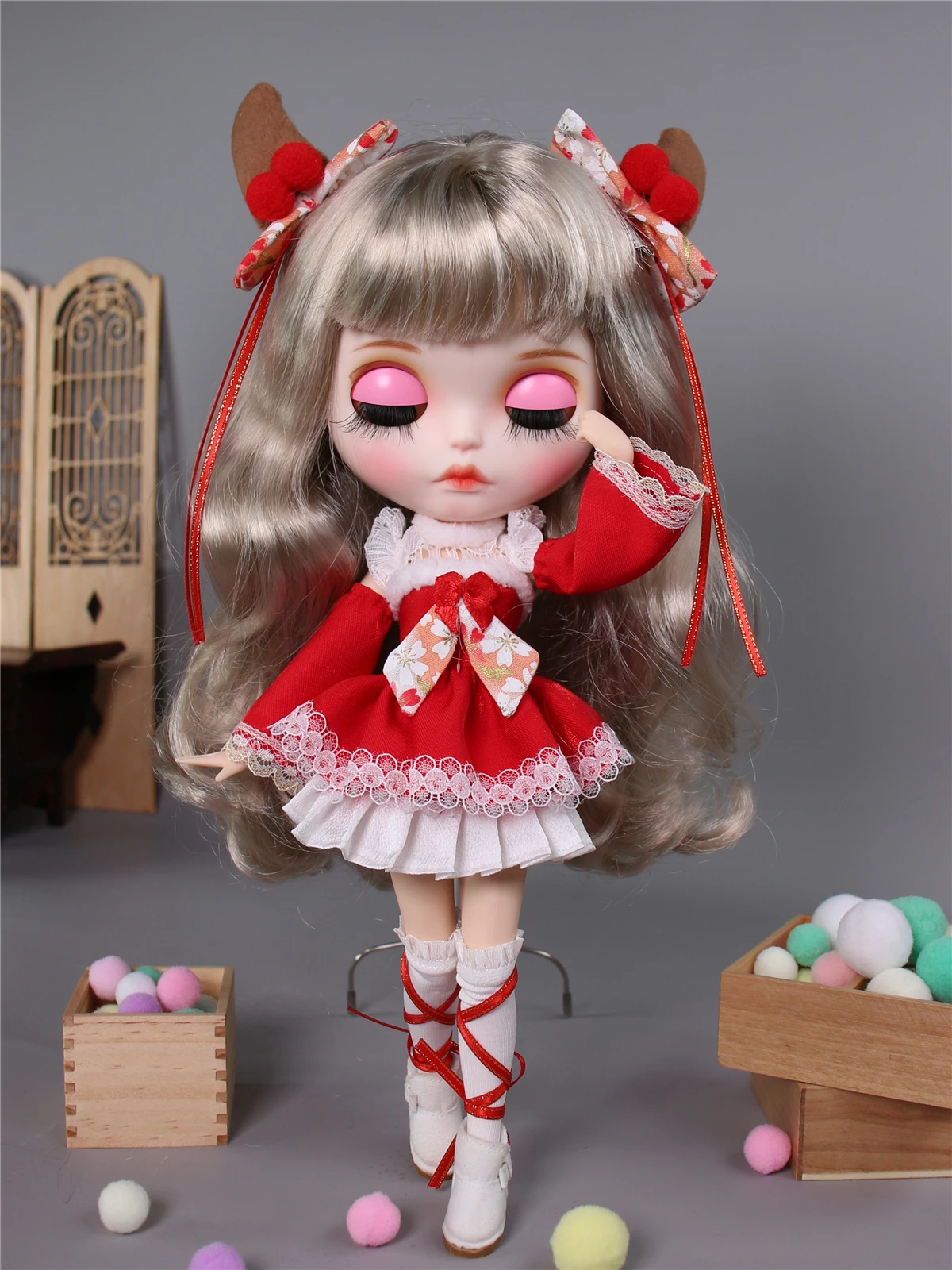 Neo Blythe Doll Christmas Dress With Bow Hairpin 3