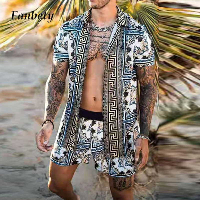 

Летние повседневные рубашки с короткими рукавами и лацканами и свободные шорты пляжные свободные костюмы мужская одежда дизайн, принт в ви...
