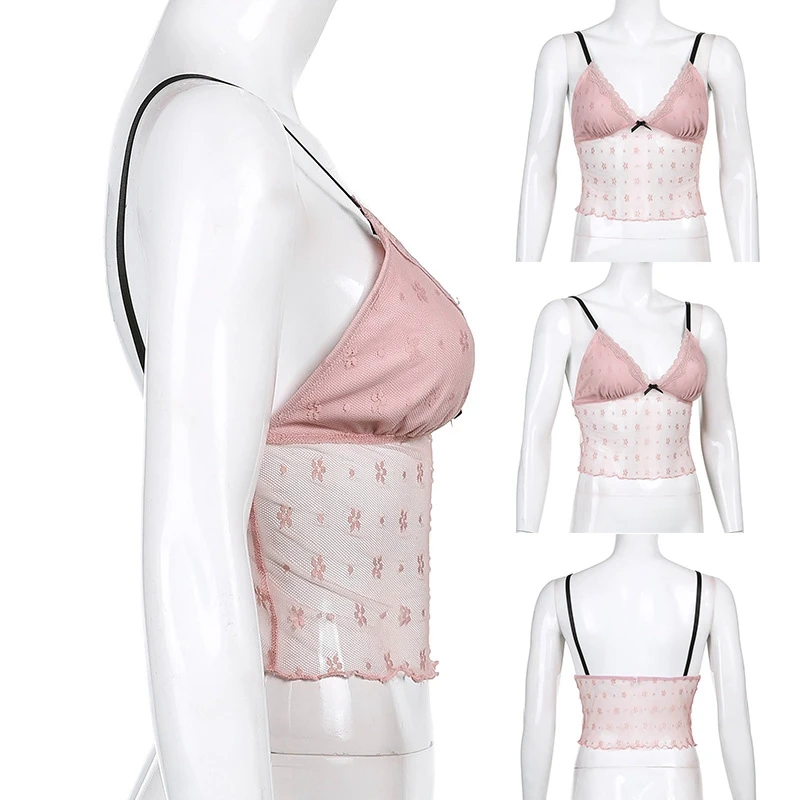 

Женский топ с кружевной отделкой, розовый топ без рукавов с цветочным бантом и V-образным вырезом, кавайная одежда