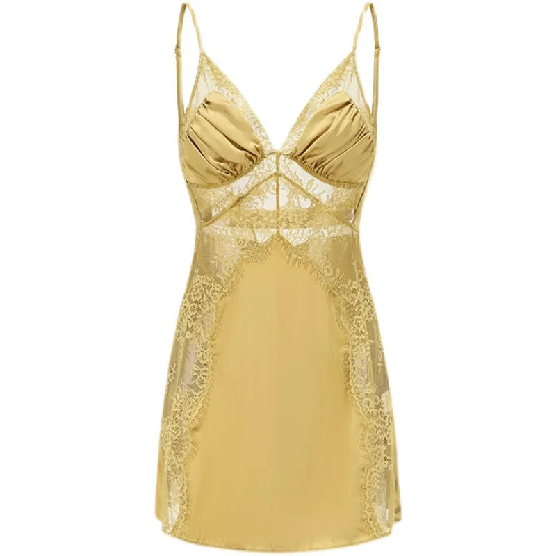 

New Sweet Lace Night Dress Imitate Silk Nightgowns Sexy Nightie French Suspender Mesh Stitching Sleepwear Women's Home Clothes
