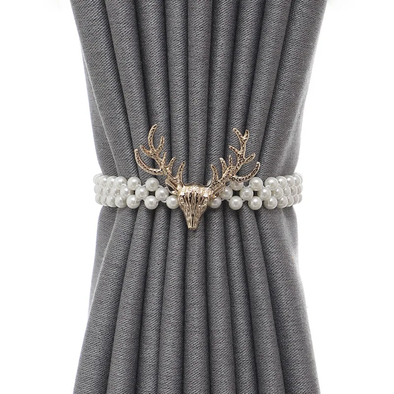 

2Pc Nordic Luxury Style Deer Head Curtain Buckle Pearl Curtain Tiebacks Rope Holdback Drapery Decoration For Home，Hotel，Office