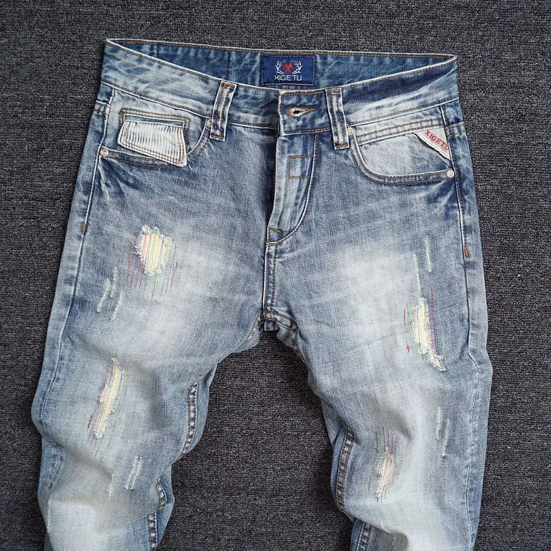 Korean Style Fashion Men Jeans Retro Light Blue Slim Fit Ripped Jeans Men Embroidery Designer European Street Denim Punk Pants