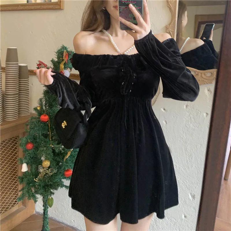 

New 2021 Spring Casual Long Sleeve Velvet Dress Elegant Sexy Off Shoulder Korean A-Line One Piece Dress Women Party Mini Dresses