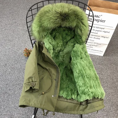 Green Green Fur Зимнее пальто с мехом для девочек Детская куртка с натуральным кроличьим мехом теплые парки куртка с натуральным мехом енота для мальчиков и девочек Размер 110-170, TZ204 - Цвет: Green Green Fur