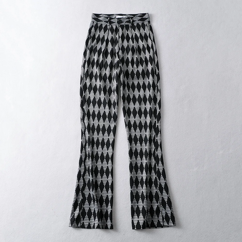 

WOMENGAGA Stylish High Street Diamond Lattice Straight Trouser Korean Vintage Houndstooth Loose Split Pants Women Mf5l