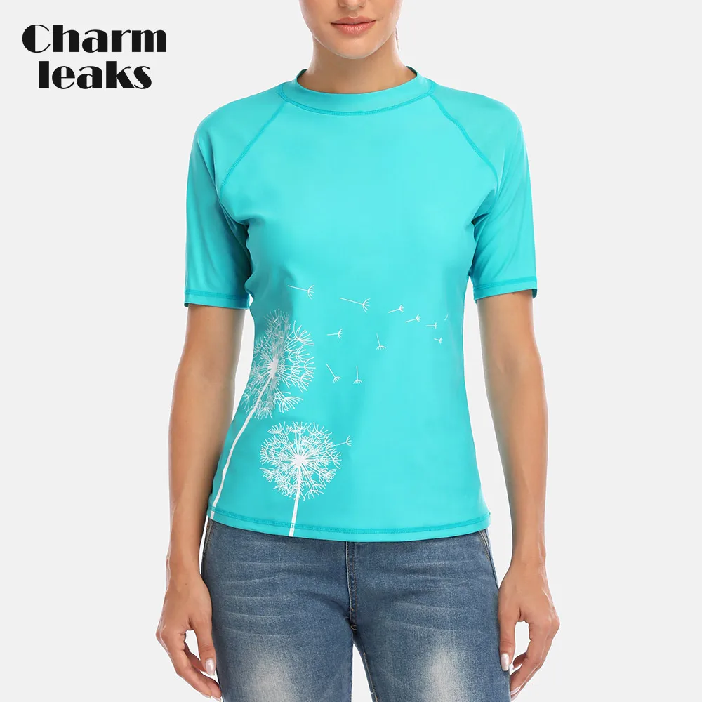 AQUA Charmleaks Женский короткий рукав Rashguard купальник с цветочным принтом купальник для серфинга Топ Rashguard UPF50+ рубашка для бега на велосипеде Рубашки - Цвет: AQUA
