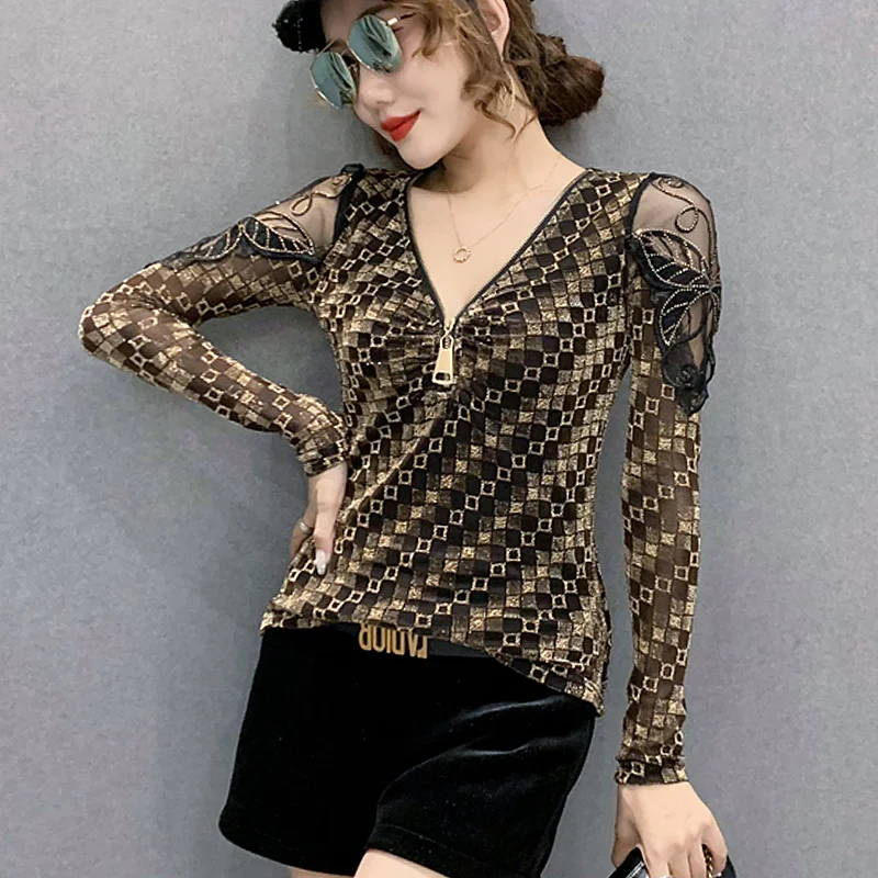 

Женская облегающая футболка с V-образным вырезом, на молнии