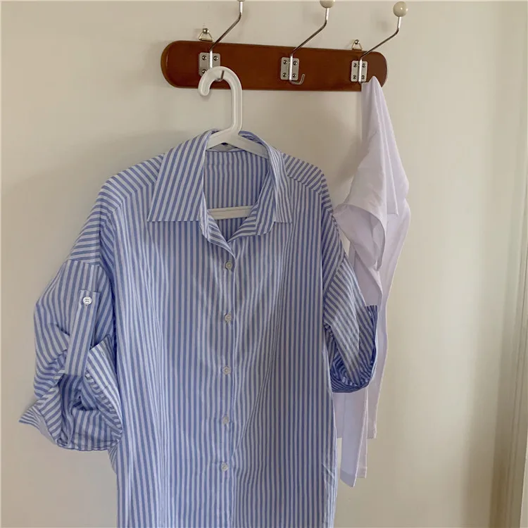 

Women Blouse Long Sleeve Office Lady Autumn Spring Stripe Blue Shirt Elegant Vintage Blouse + Cape Plus Size Blouse 2020