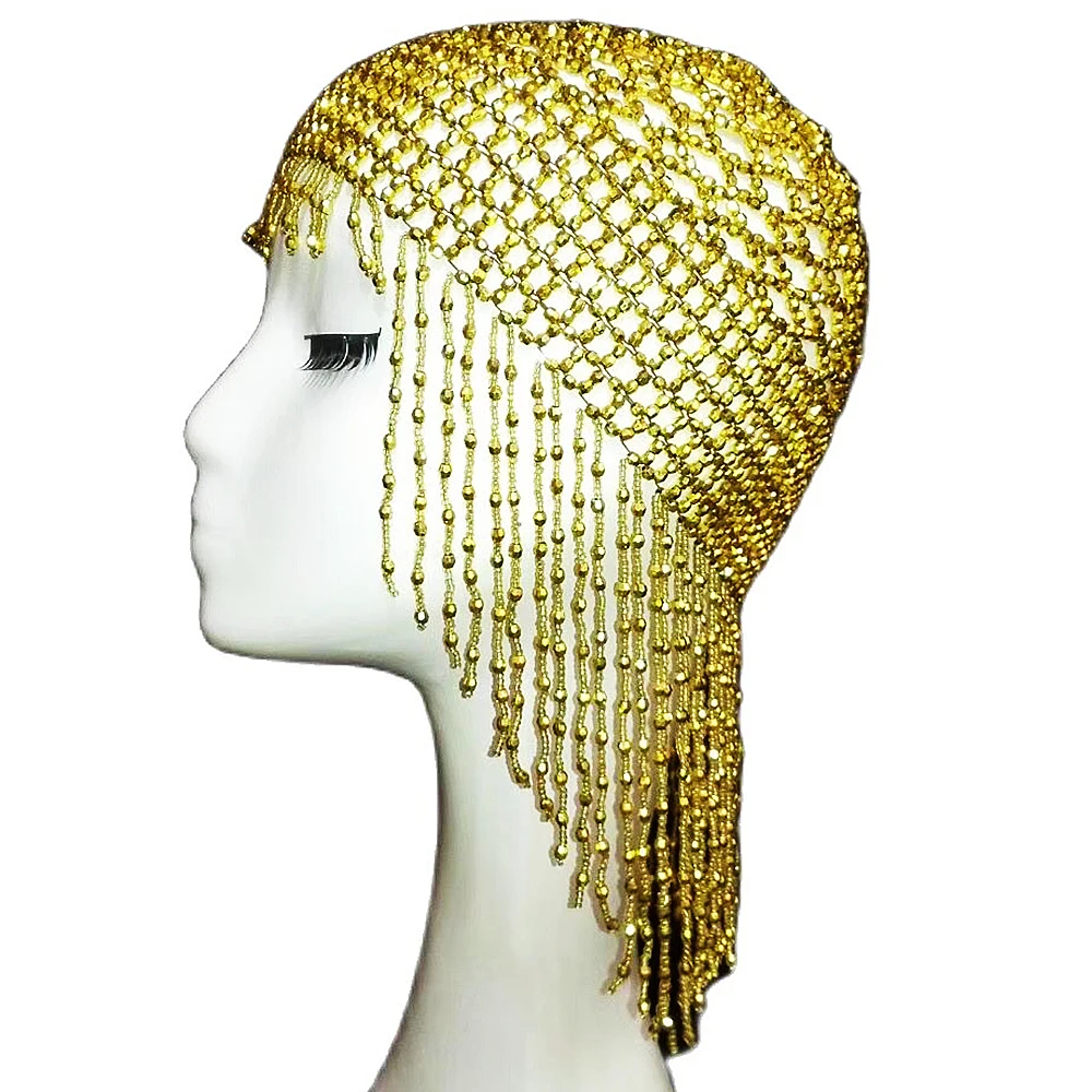 

Sparkly Diamonds Beaded Tassel Women Cap Luxury Jazz Dance Accessory Decoration Nightclub DJ Singer Glistening Crystal Hat