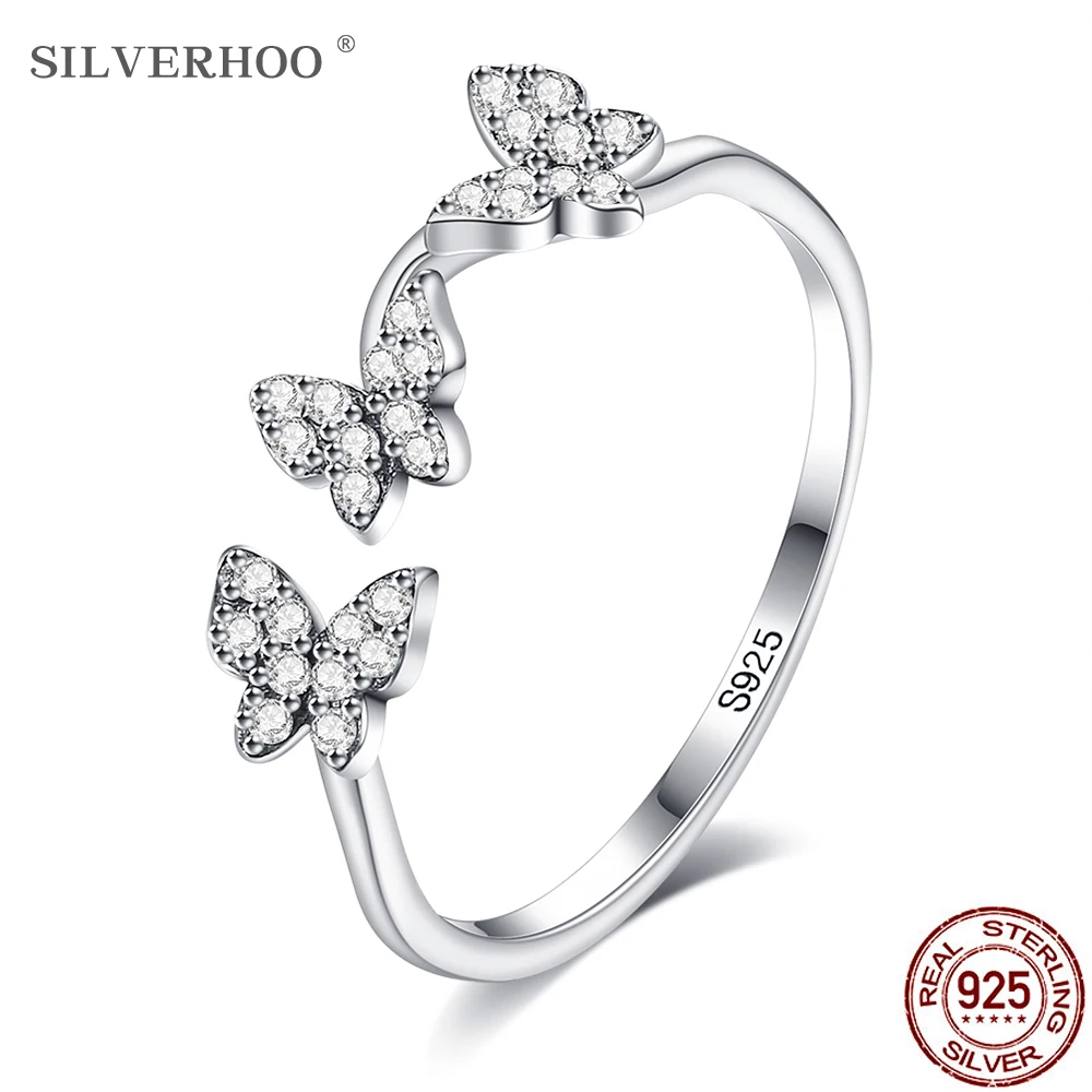 

SILVERHOO Real 925 Sterling Silver Ring Wave Butterfly Women Rings Cubic Zirconia Natural Fine Jewelry New Arrivals On Sale Gift