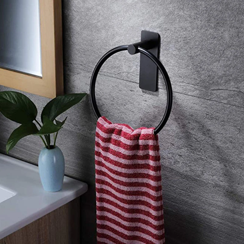 

Black Silver Finish Stainless Steel Bathroom Towel Holder Wall-Mounted Round Towel Rings Towel Rack