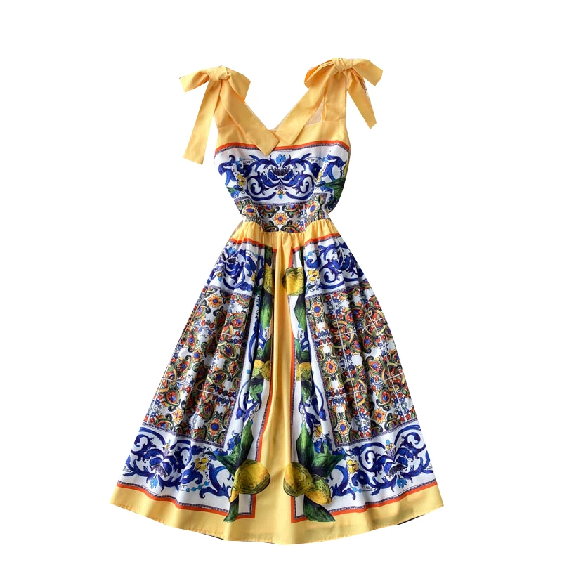 

Summer New Fashion Temperament Vestidos Women's Party Collar Bow Knot Decoration Color Matching Printed Sling Midi Dress DK333