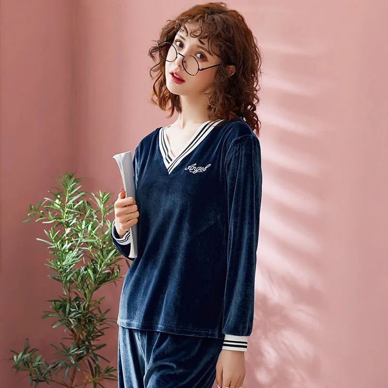 

Autumn New Velvet Sleep Set Pajamas Women 2PCS Shirt&Pants Soft Nightwear Home Clothes Casual Velour Pijamas Intimate Lingerie