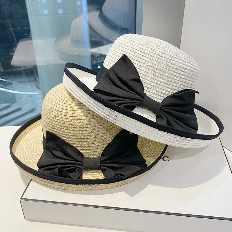 

Summer sunshade bowknot straw hat women summer travel beach ladies top hat Japanese wild outdoor fisherman hat tide