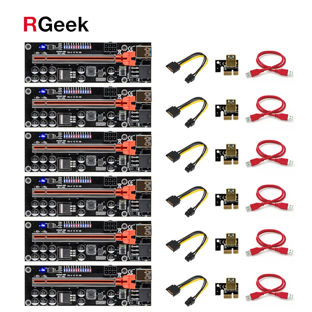 

6PCS Newest VER011 USB 3.0 PCI-E Riser VER 011S Express 1X 4x 8x 16x Extender Riser Adapter Card SATA 15pin to 6 pin Power Cable