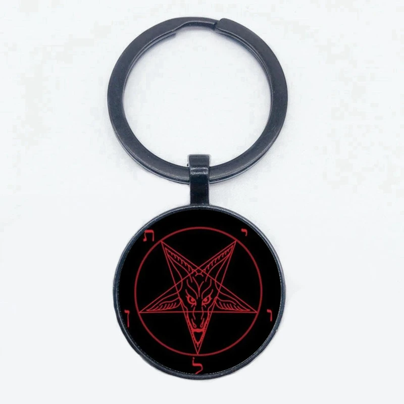 

Vintage Gothic Black Pentagram Keychain Goat Devil Baphomet Pentagram Round Glass Pendant Keychain Gift for Boyfriend
