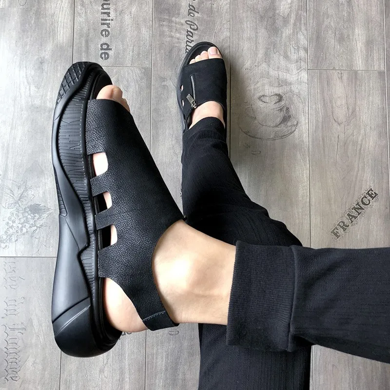 

Summer Mens Thick Platform Beach Sandals Zipper Genuine Leather Sansals Streetwear Casual Shoes Flats Gladiator Sandalias Black