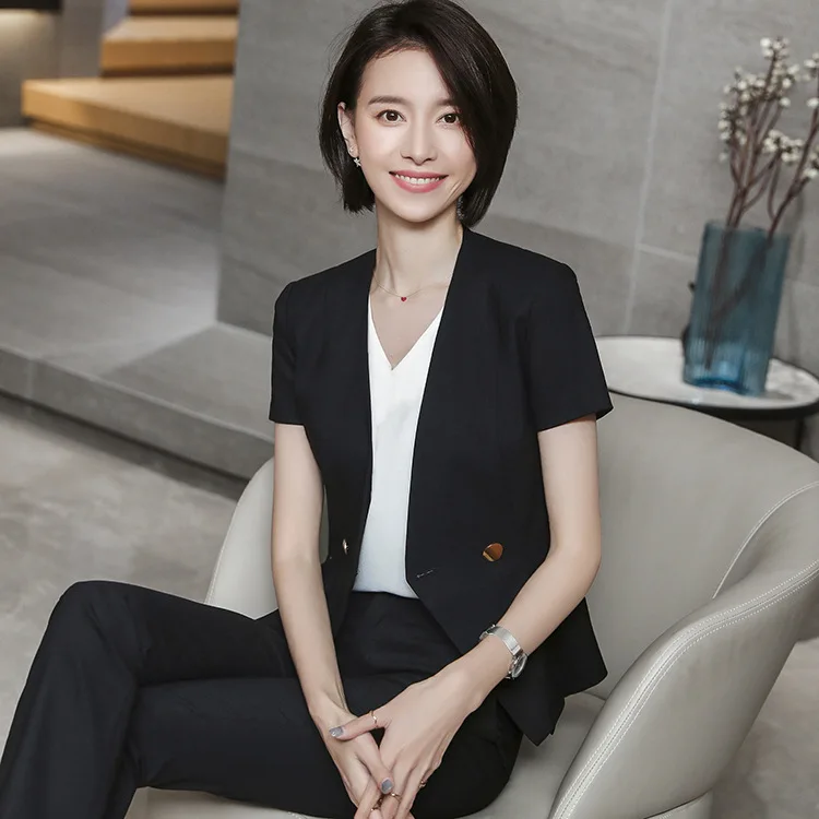 

Womens Short Sleeve Blazer Two Piece Suit Set Double Breasted Jacket 2021 Spring Summer Ladies Black Grey Navy Blue Formal Suit