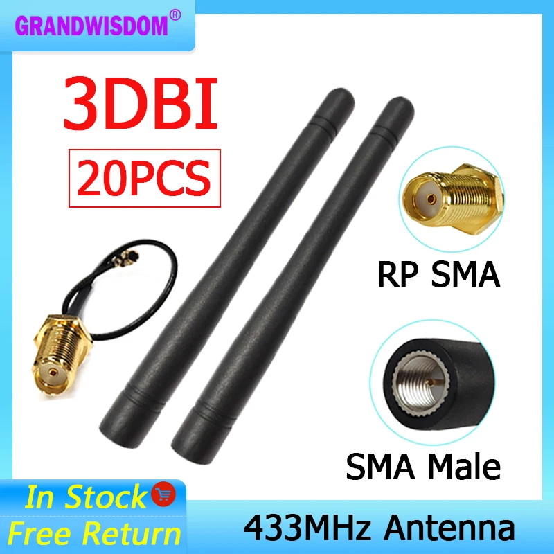 

GRANDWISDOM 20pcs 433mhz antenna 3dbi sma male lora antene iot module lorawan antene ipex 1 SMA female pigtail Extension Cable