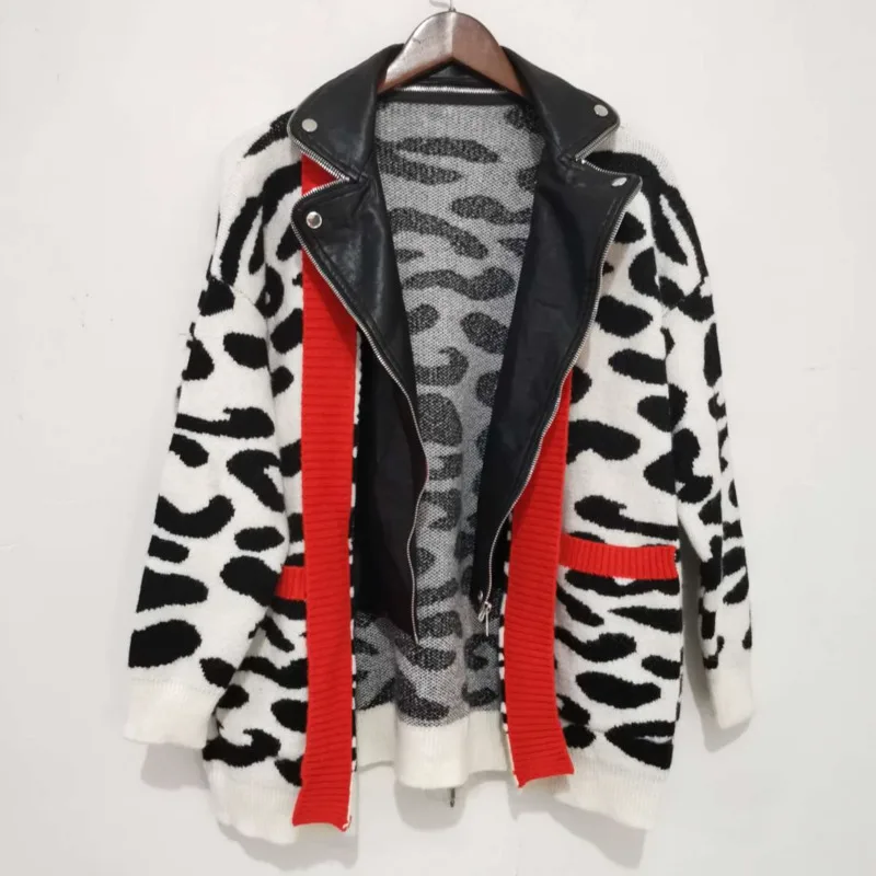 

2020 Autumn Fake Two Fashion Large Size Knit Leather Jacket Fashion Trend Leopard Coat Oversize Ladies Zipper Outerwear V680
