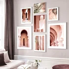 Настенный постер с изображением розовой марокканской двери Променада, пламени с листьями в скандинавском стиле, современные картины на холсте для гостиной, дивана