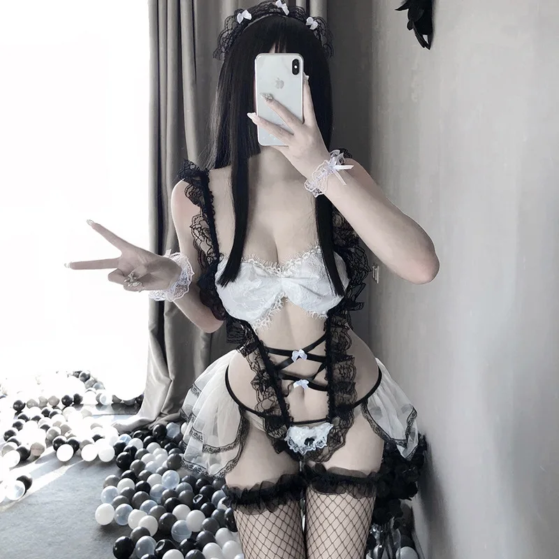 

2 Color Women Japanese Maid Cosplay Sexy Costumes Perspective Lingerie Underwear Servant Classical Erotic Lace Outfit Sexy Dress
