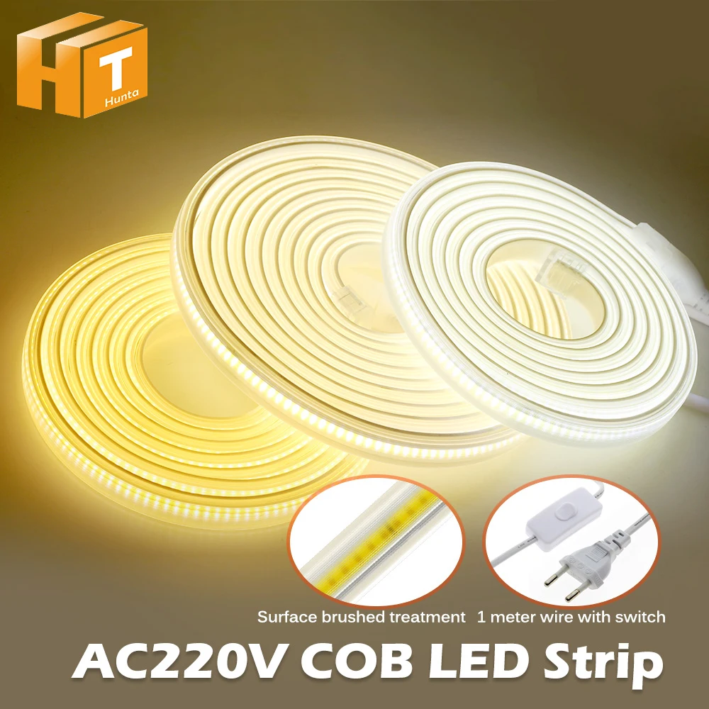 AC220V COB LED Strip High Density Flexible IP67 Waterproof 288 LEDs/M 9W/M High Brightness 3000K 4000K 6000K