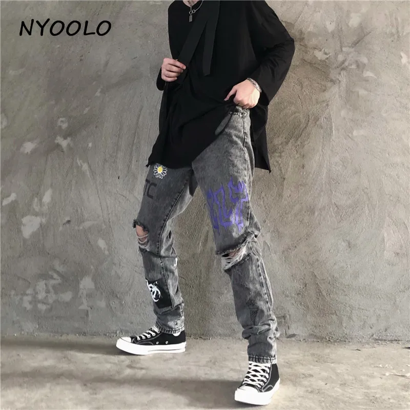 NYOOLO High Street винтажные джинсы с принтом граффити и потертыми дырками осенние тонкие длинные джинсовые мотоциклетные брюки в стиле хип-хоп для женщин и мужчин