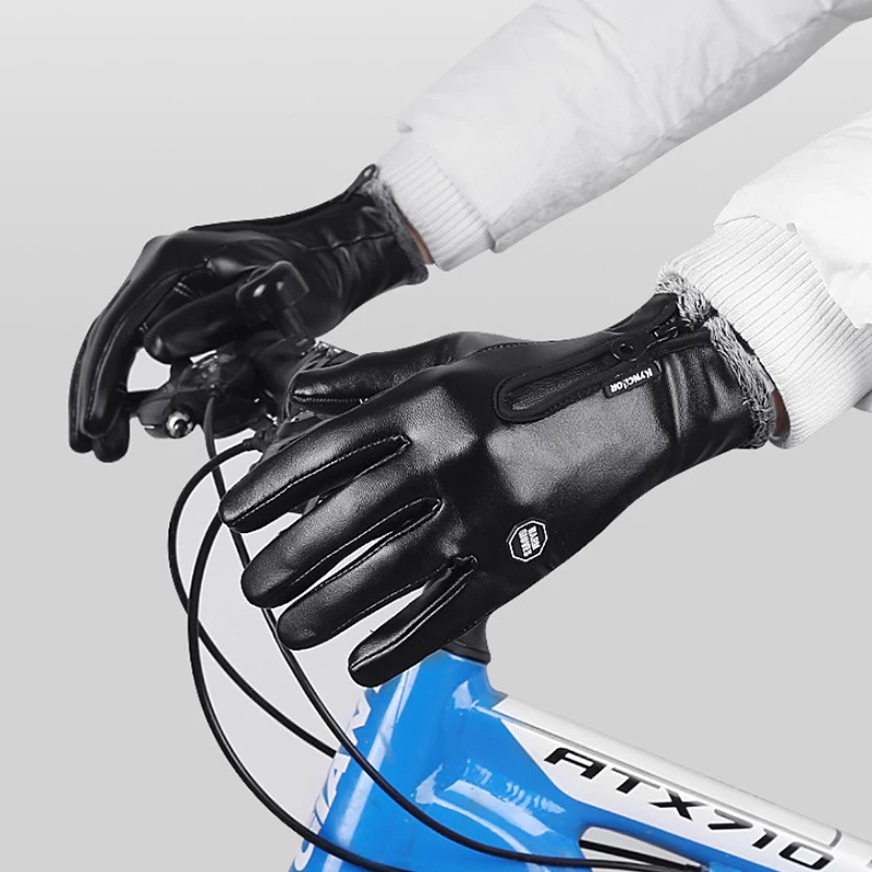 Зимние перчатки теплые флисовые кожаные с молнией ветрозащитные лыжные