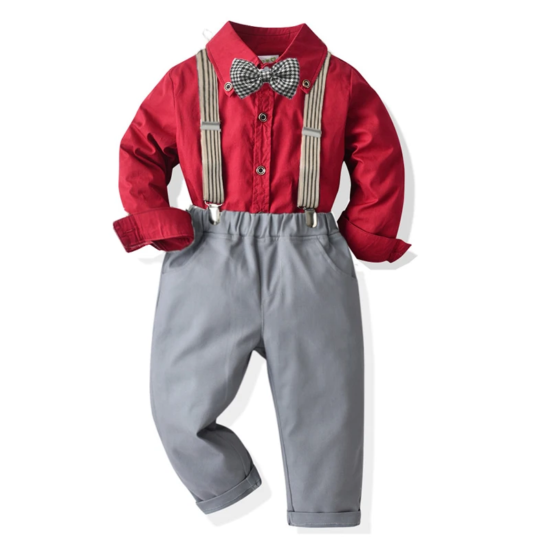 2022 Spring Autumn Children Suit Soild Color Shirt +Gray Pant 4pcs Set New Year Clothes Boy Wedding Party Performance Costume