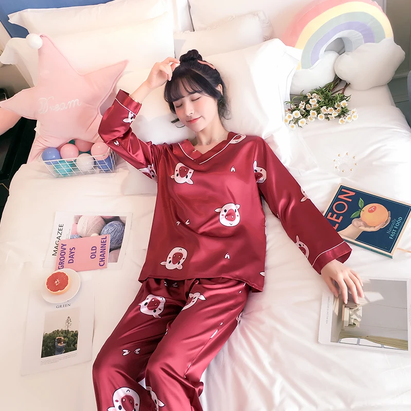 Осенняя Шелковая пижама с длинным рукавом для женщин pijama mujer, милый пижамный комплект с мультяшным принтом, домашняя одежда, длинные штаны, сексуальные пижамы