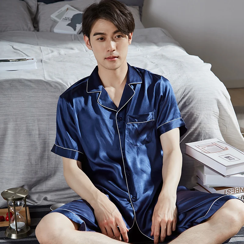 Men's Summer 100% Silk Pajamas Sets Solid Lxury Pure Silk Pijamas Sleepwear Male Home Clothes Short-sleeve 2 Pcs Pyjamas Suit