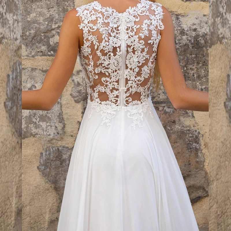 MoonlightShadow Elegant Wedding Dresses A-Line O-Neck Sleeveless Chiffon Lace See Through Beach Bridal Gowns Свадебное платье