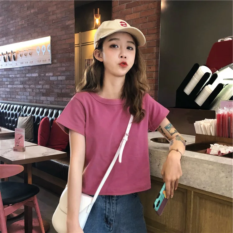 

Pullover Summer T Shirt Women Camisetas Verano Mujer Chic England Style Simple Solid O-Neck Cotton Match Basic Harajuku Tshirt