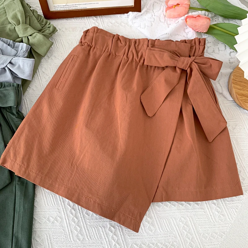 

2021 Summer New Sweet and Versatile Lace-up Bow Elastic Waist Irregular Casual Shorts Wide-leg Pants Women