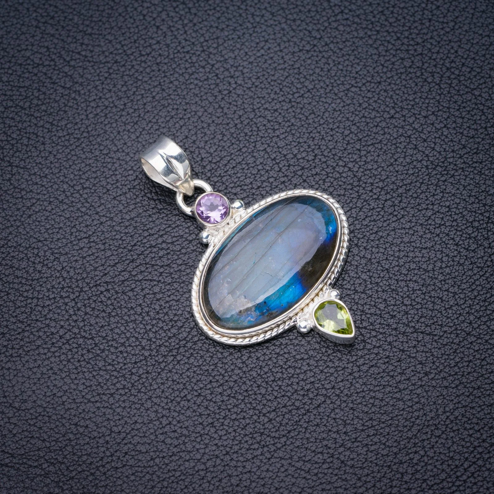 

StarGems Natural Blue Fire Labradorite Peridot And Amethyst Handmade 925 Sterling Silver Pendant 1.75" E4172