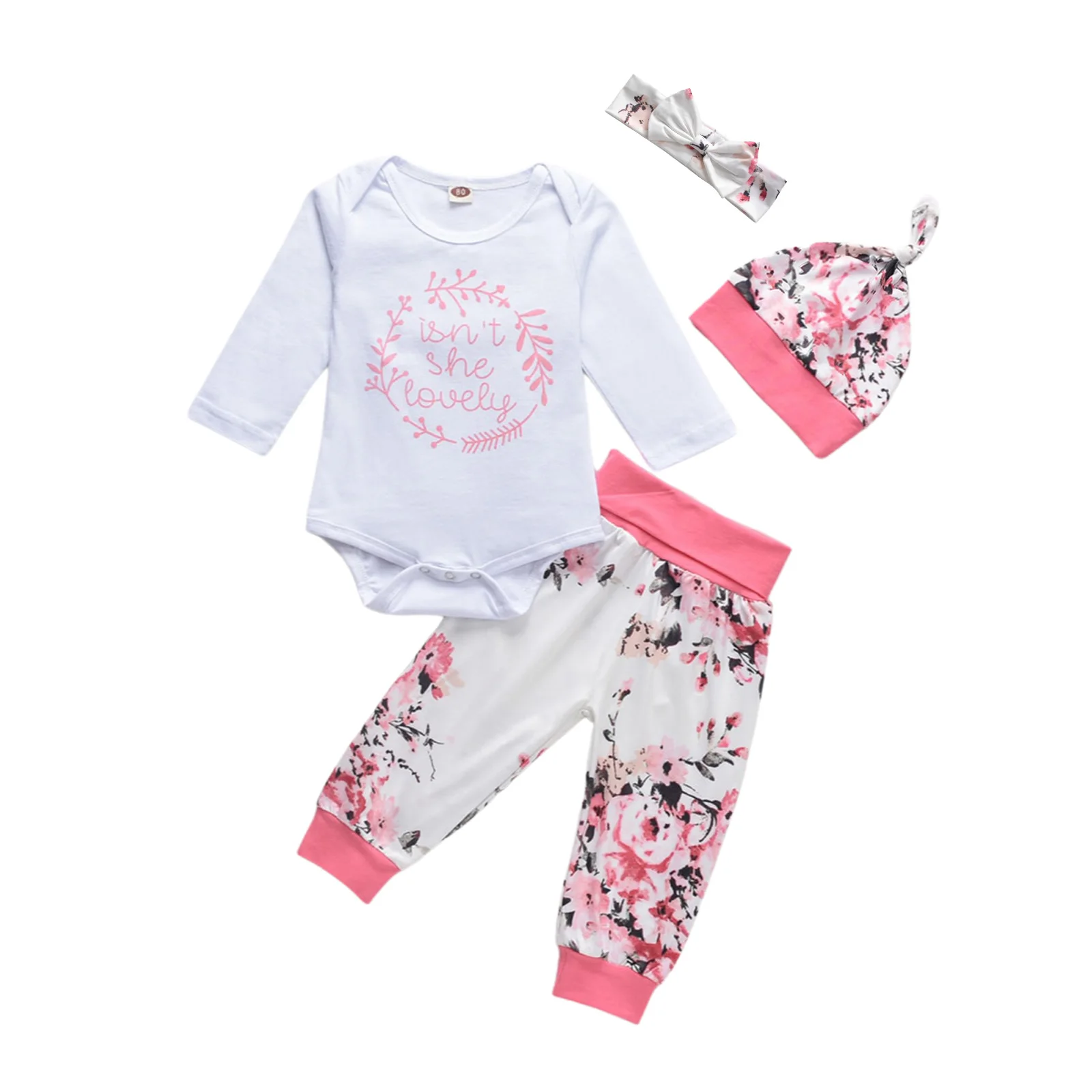 

2021 Baby Girl Clothes Set Letter Print Long Sleeve O-neck Romper+Floral Print Trousers+Pointed Hat+Headband Children's Clothing
