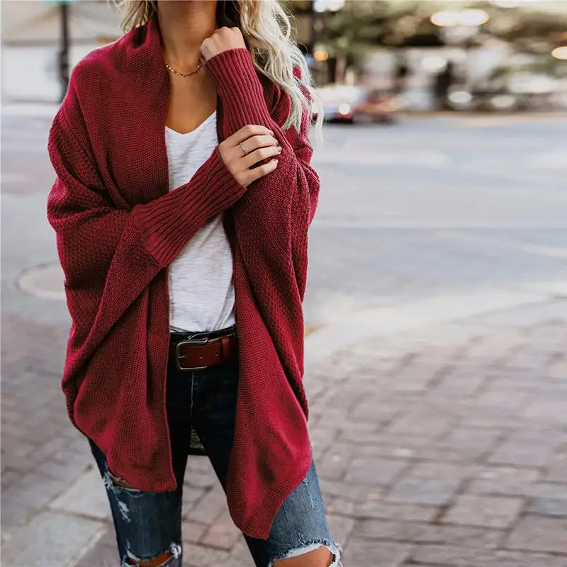 red Sweater Coat Luzuzi осень зима рукав летучая мышь трикотажный кардиган женский большой размер вязаный женский свитер-кардиган элегантный джемпер пальто - Цвет: red Sweater Coat