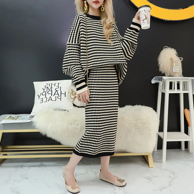 Зимний женский вязаный модный свитер костюмы в полоску свободный топ + юбка набор