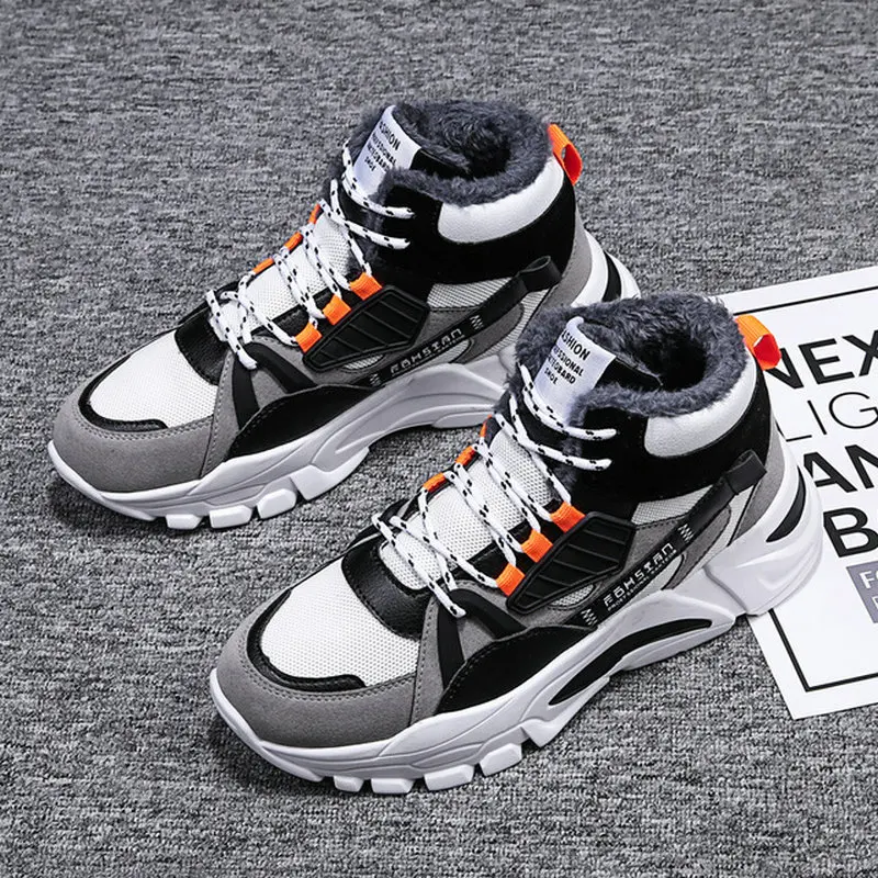 

New Men Chunky Sneakers Lace-up Flat Casual Shoes high top winter snow keep warm fur Adult Male Tenis Footwear A57-68
