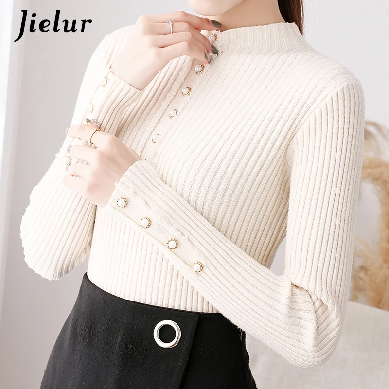 Jielur 2021 White Black Female Sweaters Fashion Thick Beading Lady Knitted Sweater Women Semi-high Neck Korean Top 5 Colors S-XL | Женская