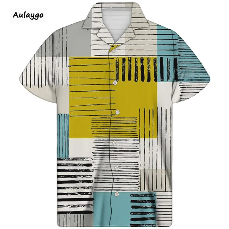 Man Cuban Shirt Stitching Pattern Streetwear Summer Cloth Short Sleeved Turn-down Collar 2020 Thin And Breathable Men's Shirts | Мужская