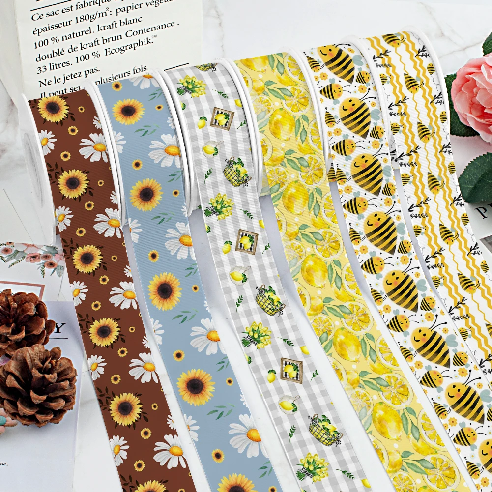 Подсолнухи с милым рисунком атласная лента в рубчик Пчелой для рукоделия Бант