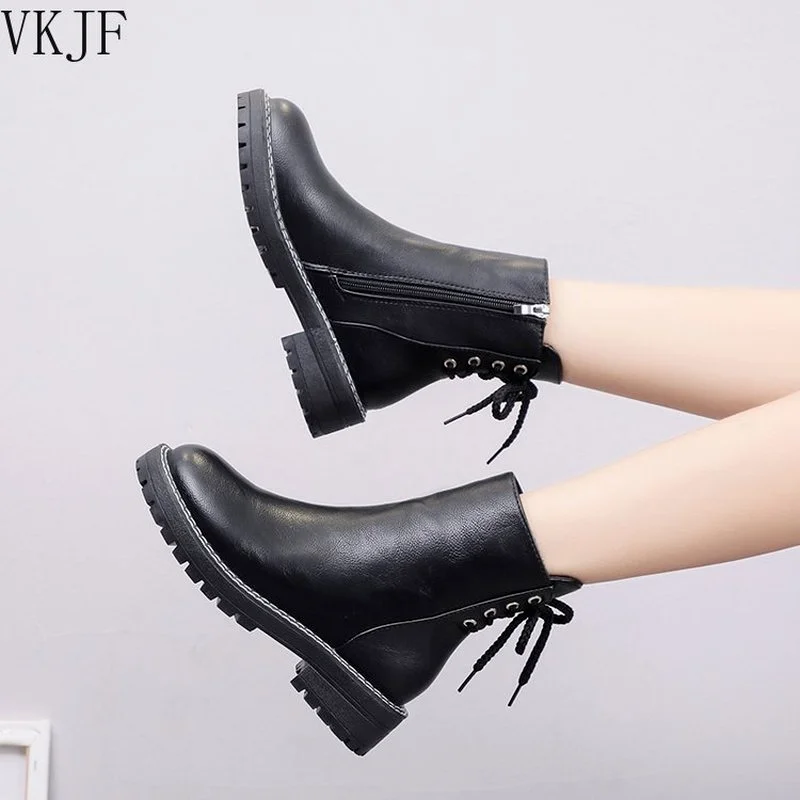 

Осенние женские ботильоны, женская обувь из искусственной кожи с перекрестной шнуровкой, женская обувь на молнии и блочном каблуке, 2021, женс...